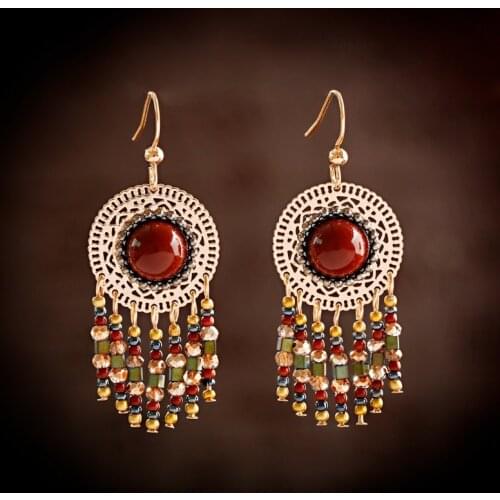 Bohemia Womens Earring Statement Ethnic Hollow Round Bead Long Tassel Earrings For Women Fashion Jewelry