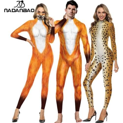 NADANBAO Purim Cosplay Fox Costumes Suit Fashion 3D Animal Leopard Print Women Costume Jumpsuit Sexy Bodysuits For Female