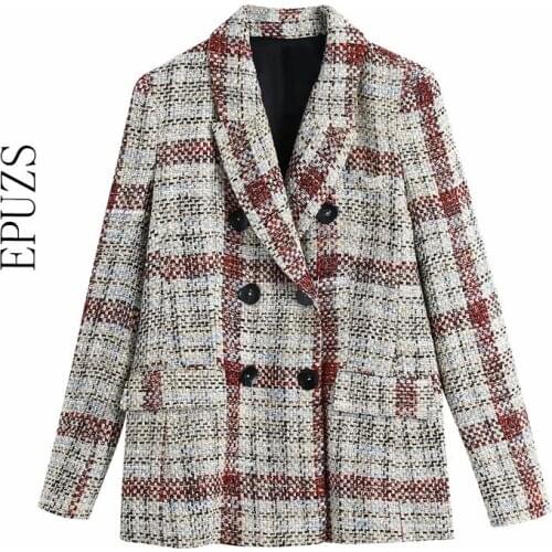ZA 2021 women Vintage plaid tweed blazer casual office work suit winter spring women blazers and jackets