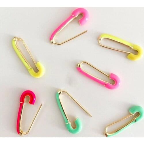2019 summer new multi colorful pink green yellow safety pin earrings for women lady Gold filled candy enamel safety pin jewelry