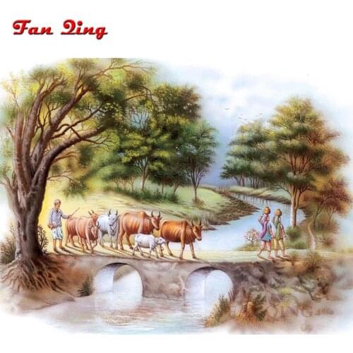 Diamond painting country landscape, cow farmer, Indian style diamond embroidery full square round rhinestone mosaic decor pictur