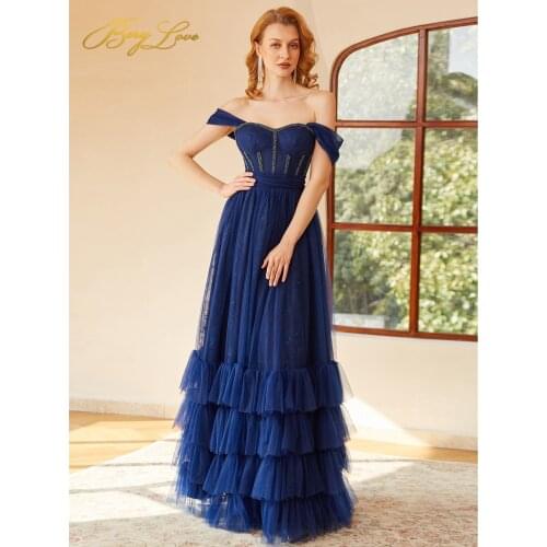 Berylove A line Dark Blue Prom Dress off Shoulder Zip up Bow Back Long Party Dress Pleated Tulle Evening Dresses Sexy Vestidos