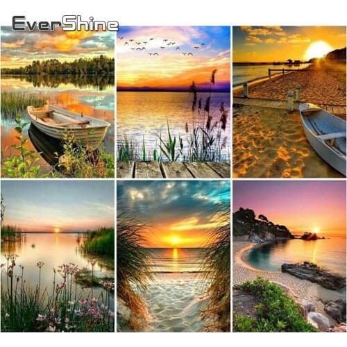 EverShine 5D Diamond Embroidery Seaside Sunset Full Square Diamond Painting Scenic Sea Crystal Mosaic Picture Wall Decor