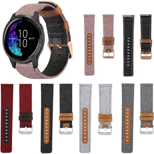 20mm 22mm Canvas Fabric Leather Watch Band Straps for Garmin Venu SQ V3 trainer music Forerunner 245 M 645 M Vivoactive4 strap
