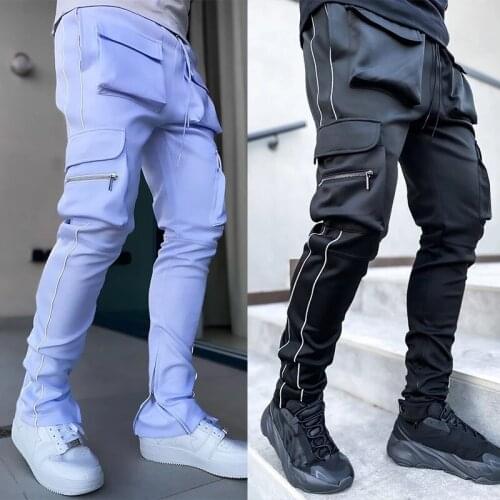 Mens Skinny Pencil Pants with Multiple Pockets Male Outdoor Jogging Pants Stacked Harem Pants High Street Clothing