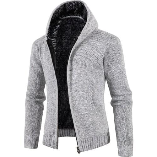 2021 Autumn Korean Hooded Mens Sweater with Thick and Velvet Mens Cardigan Knitted Sweater Coats Solid Jackets Male M-3XL 1301