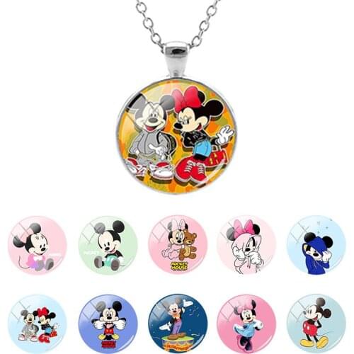 Disney Mickey Mouse Lovely Animation Pattern Flat Bottom Glass Dome Pendant Necklace for Girl Party Gift Cabochon Jewelry DSY235