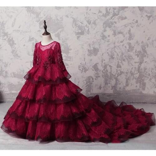 Amazing Multi-Layer Girls Pageant Gowns Dark Red Lace Long Sleeves Appliques Beads Flower Girl Dresses For Wedding Long Train Pa