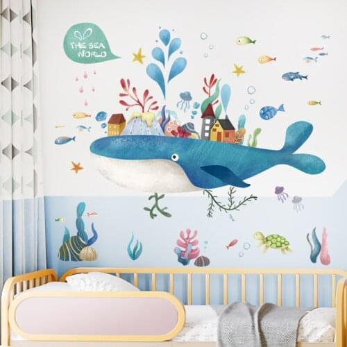 Cartoon Whale Baby Nursery Wall Stickers Boy Girl Kids Room Bathroom Decoration Aesthetic Home Decor Self-adhesive Wallpaper Art