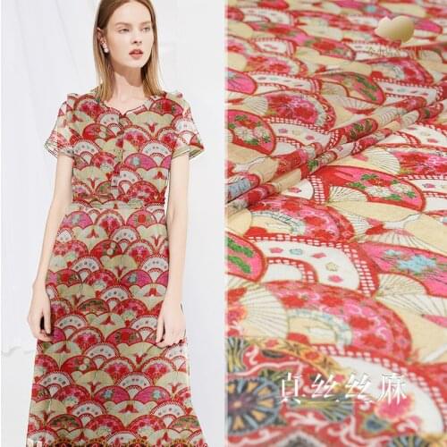 Peach Blossom Fan Silk Linen Fabric Digital Printing Silk Fabric Mulberry Silk Clothing Fabric Dress Shirt