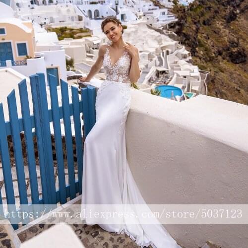 Chiffon Mermaid Wedding Dresses V Neck Lace Appliques Sleeveless Bridal Wedding Gowns Backless Court Train Vestido De Noiva