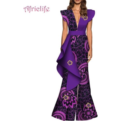 Wide African Jumpsuit for Women Deep V Dashiki Design New Fashion Dress African Lady Printed Sexy Jumpsuit WY4414