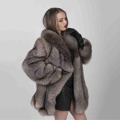 FURSARCAR Natural Real Silver Fox Fur Coat Whole Skin Luxury Winter Outerwear Fur Collar Coats For Women Real Fur Jackets