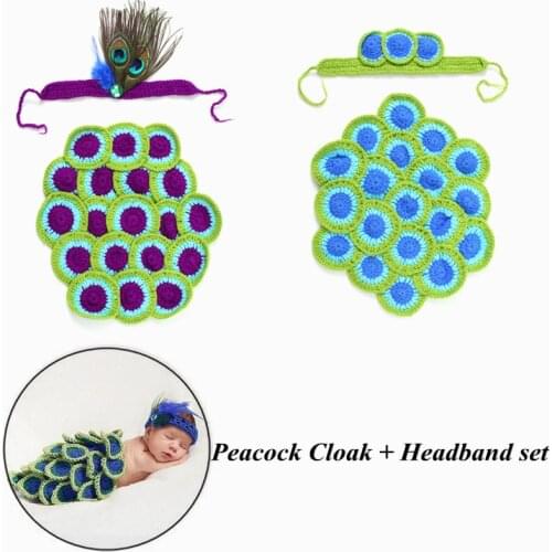2pcs/Set Newborn Peacock Crochet Knit Costume Photography Props Soft Handmade Clothing Sets Headband Infant Diaper Cover