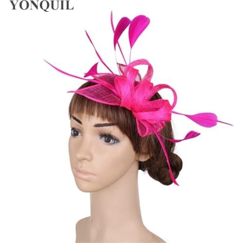 Hot Pink Wedding Women Fascinator Hair Accessories Formal Dress Cocktail Nice Fedora Hats Elegant Female Headwear With Feathers