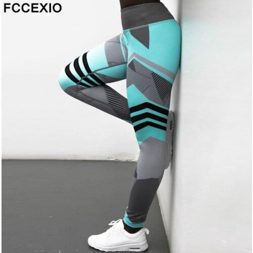 FCCEXIO Geometry 3D Print Women Leggings Sexy Fitness Pants Autumn New Fashion Trousers Workout Elastic Sports Leggins