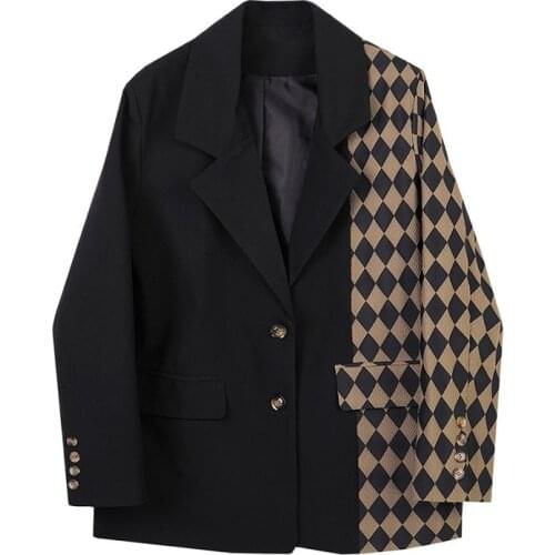 Office Ladies Notched Collar Plaid Women Blazer Single Breasted Autumn Jacket 2021 Patchwork Casual Pockets Female Suits Coat