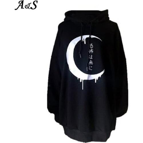 Anbenser Hip Hop Women Halloween Moon Printed Sweatshirt Print Hoodies Autumn Long Sleeve Tops Ladies Gothic Hooded Sweatshirts