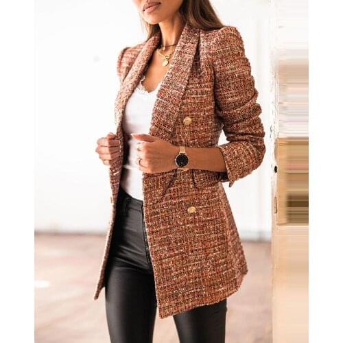 2020 Spring Autumn Women Officewear OL Turn-down Collar Tweed Colorblock Button Design Blazer Coat Casual Chic