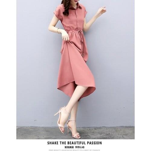 2021 summer new temperament shirt dress womens short sleeve medium length waist shirt long skirt spring summer skirt