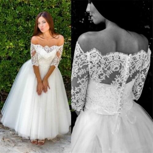 2021 Vintage Half Sleeve Off Shoulder Lace Tulle A Line Bridal Gowns Ankle Length Wedding Dresses Vestidos De Novia