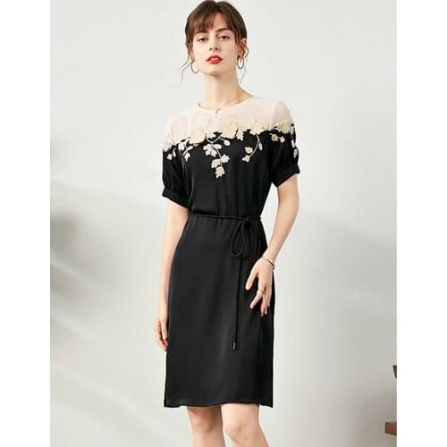 Dress Women Elegant Patchwork Design 93% Silk Shell Appliques Embroidery Short Sleeves Straight Dresses Ladies New Fashion