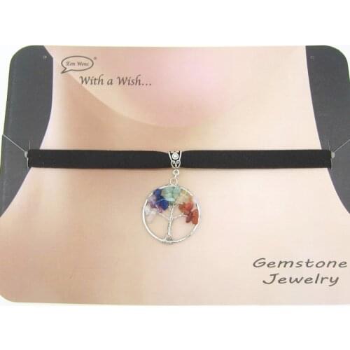 2017 New Arrival Mutli Stone Chips Wired Tree Shape Pendant Black Velvet Choker Jewelry