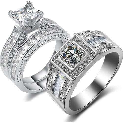 His and Hers Women Men Luxury Jewelry 10KT White Gold Filled Silver Princess Cut 5A CZ Zirconia Wedding Bridal Ring Set Gift