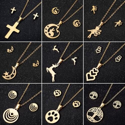 Collier Femme Stainless Steel Cross Paw Heart Jewelry Sets for Women Simple Tree of Life Necklace Earrings Female Accessories