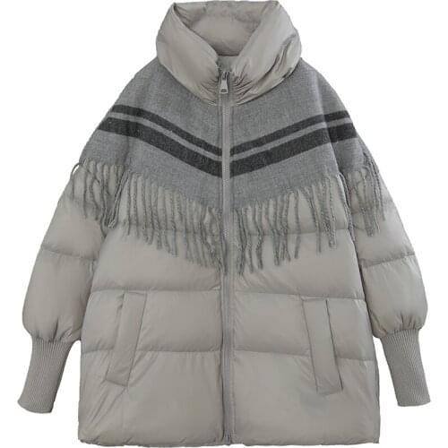 Simple Stitching Down Jacket Ladies Fashion Stand Collar Tassel Loose Large Size Winter Jackets Female Warm Down Overcoat e306