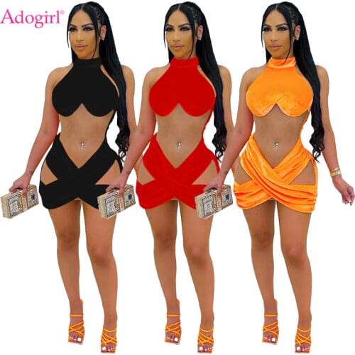 Adogirl Fashionable Sheer Mesh Patchwork Velvet Mini Dress Halter Sleeveless Cross Bodycon Nightclub Party Vestidos Outfits