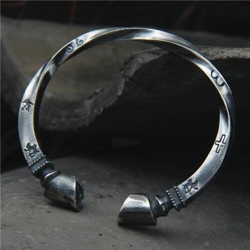 S925 Sterling Silver Retro Thai Silver Horseshoe Vintage Style Viking Solid Twist Open Ended Men And Women Bangle