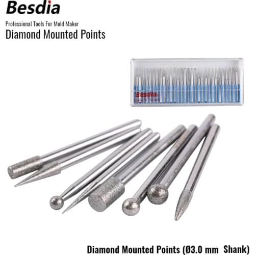 TAIWAN Besdia 30pcs/set Alloy Electroplated Diamond Mounted Points 3.0 mm Shank Grinding Heads Suits For Dremel Rotary Tools