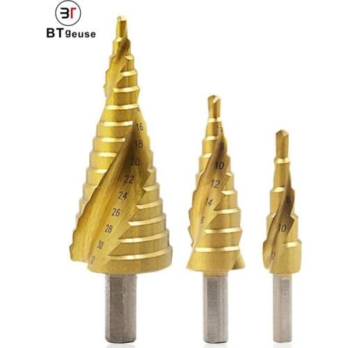 Step Drill Bit for matal HSS Triangular shank titanium plated spiral groove Mini Tool Set 3pcs 4-12/20/32mm