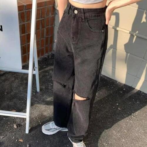 Womens Spring and Autumn 2021 New Loose Thin Drape Wide-leg Mopping Pants Black High-waist Ripped Classic Jeans Straight-leg