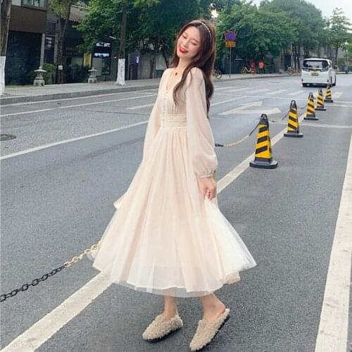 Korean Dress Female Autumn and Winter Inner Wear Outer Wear Sweet Princess Style V-neck Long-Sleeve Dress sweet Lolita dress