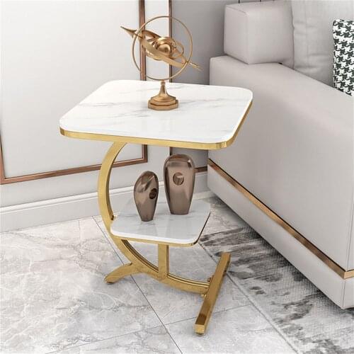 Luxury Marble Sofa Side Table Golden Black Metal Coffee Table Square Small Corner Table Double Layer Marble Table High Quality