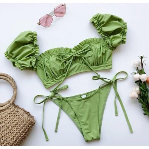 Sexy Micro Bikini Short Sleeve Solid Green Leopard Push Up Padded Pleat Swimsuit Women Bathing Suit Lace Up Bandage Swimwear