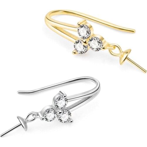 Real S925 Sterling Silver Pearl Earring Accessories DIY Cubic Zirconia Hook Accessories Empty Hold Pearl Making Jewelry Findings
