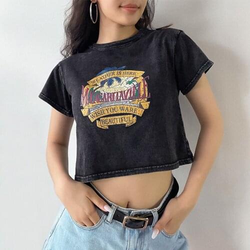 Women Vintage Print Front Crop T-shirt In Washed Black Short Sleeve Crop Tee