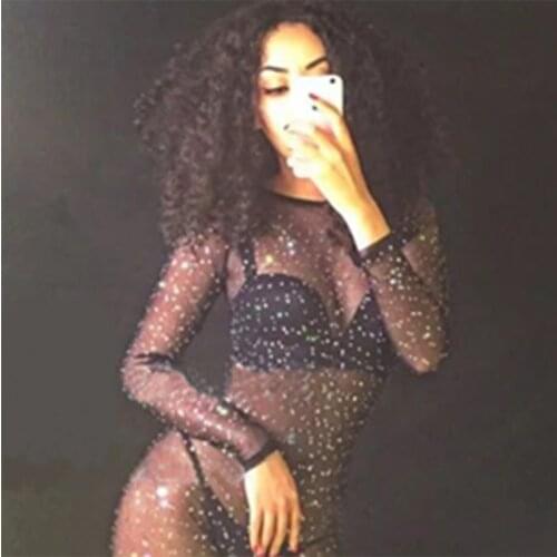 Women Black Sexy Net Bodysuit Long Sleeve Nightclub DJ DS Singers Jumpsuit Sparkling Crystals Bodysuit Bling Women Sexy Outfit