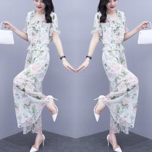 Floral Chiffon Wide-Leg Trouser Suit Women New Summer Style Lantern Sleeve Slim Two-Piece Set Elastic Waist Ruched V-Neck Blouse