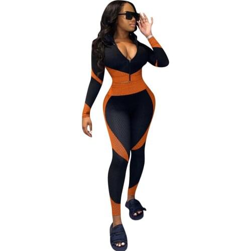 Acrivewear Color Block Tracksuit Women Jogger Femme Sport Fitness Zipper Long Sleeve Crop Top + Leggings Bodycon Two Piece Set