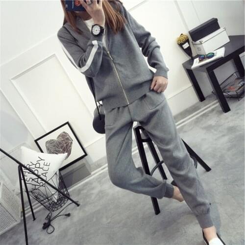 2020 Casual Women Fine Knit Suit Cardigan Long-sleeve Striped Top And Pants Sweater Suit Two Piece Set