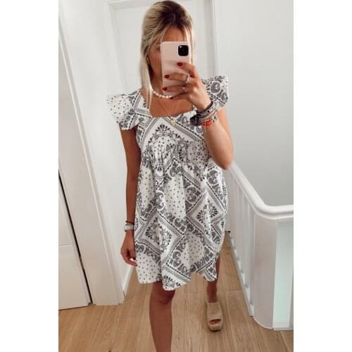 Square Neck Flutter Sleeve Boho Print Mini Dress Women Summer Casual Loose Dress