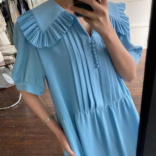 Free Shipping 2021 New Women Dress Chic French Temperament Doll Collar Fold Design Stitched Loose Short-sleeved Pleated Vestido