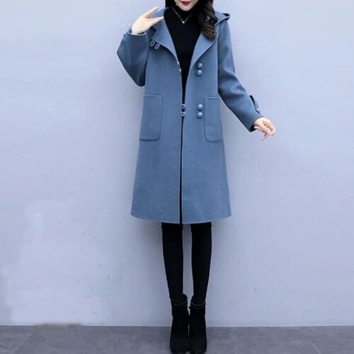 Korean Woolen Coat Women New Autumn Winter Wool Windbreaker Female Loose Oversize Overcoat Retro Hooded Mid-Length Coat Lady