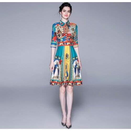 Women Spring Elegant Character Flower Printed Half Sleeve Shirt Dress Vintage Knee Length High Waist Casual Party Dress Vestidos