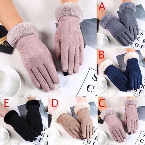 Winter Women Hand Gloves Plus Velvet Thicken Warm Touch Screen Lace Windproof Full Finger Cycling Elastic Driving Mittens Black