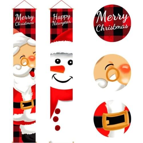 203F 2Pcs/Set Christmas Porch Sign Cartoon Snowman Santa Claus Merry Xmas Decoration Plaid Front Door Hanging Banners Flags